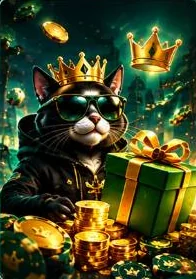 De mascotte van Kotobet Casino met een gouden cadeau in zijn poten